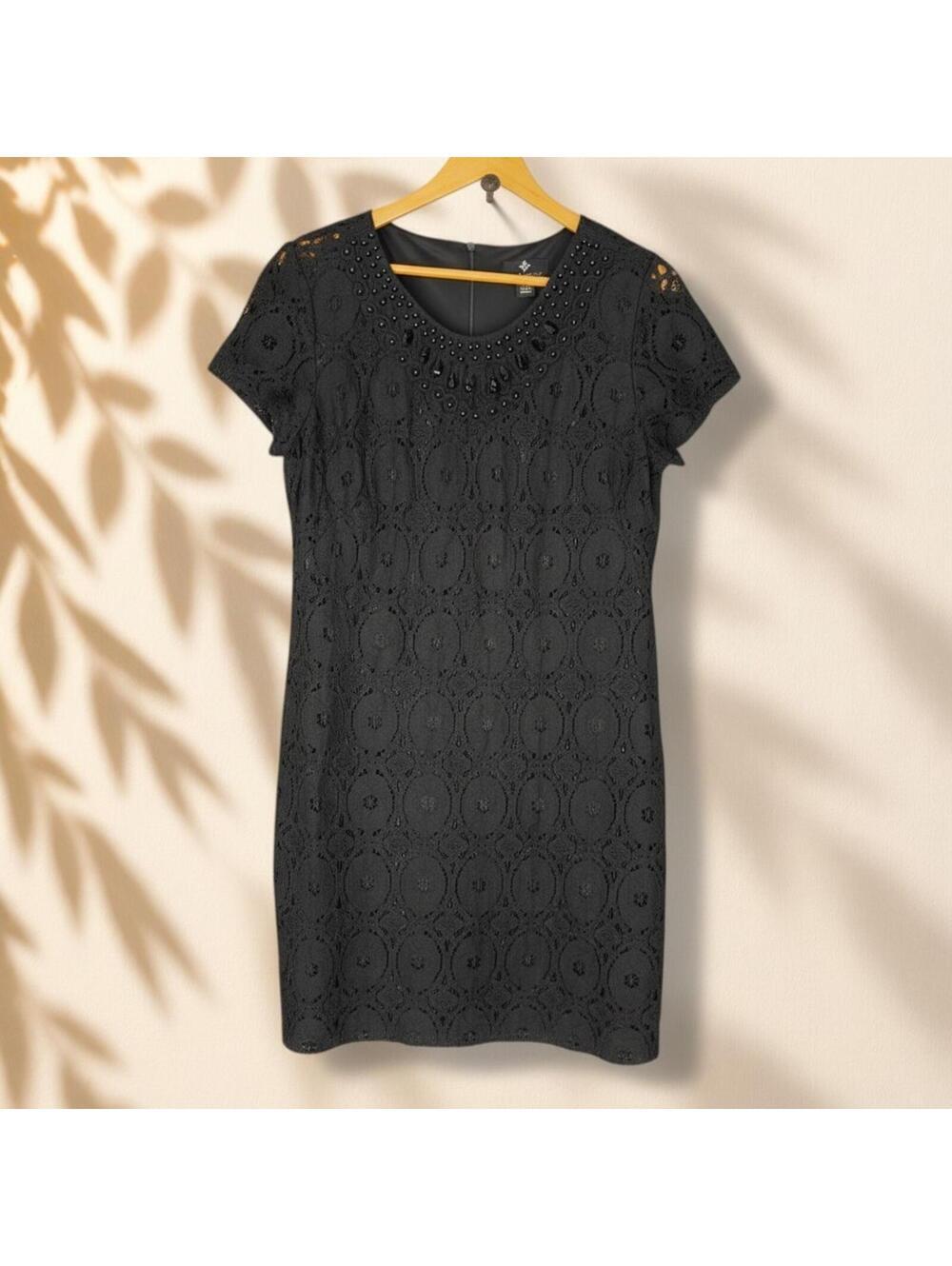 Ronni Nicole Dress Women 14 Black Geometric Crochet Rhinestone Sheath Midi